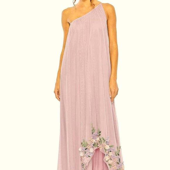 Mac Duggal Orchid Floral Embellished One Shoulder Trapeze Gown